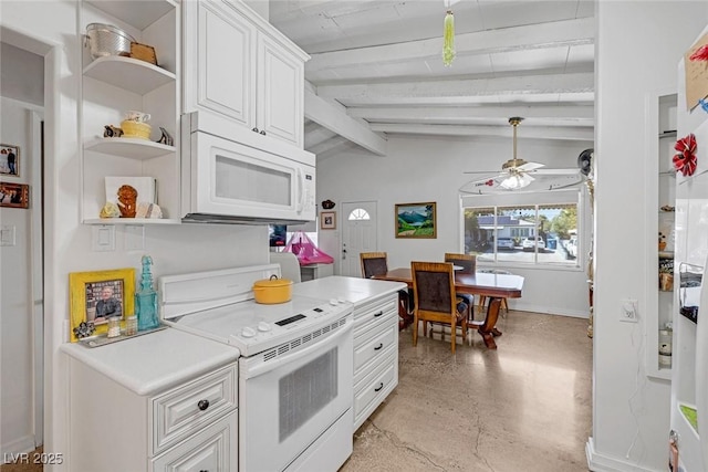 kitchen featuring vaulted ceiling with beams, white appliances, ceiling fan, and white cabinets