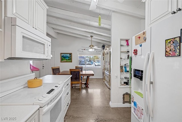 kitchen featuring white cabinetry, vaulted ceiling with beams, white appliances, and ceiling fan