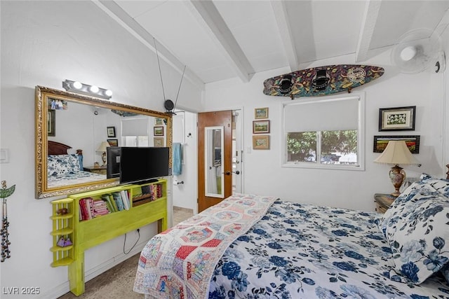 carpeted bedroom with vaulted ceiling with beams