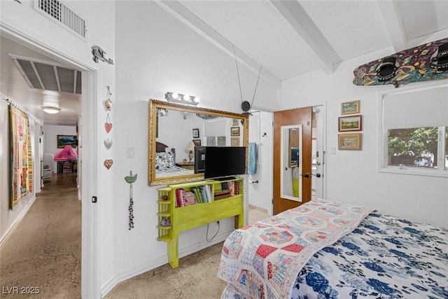 bedroom with vaulted ceiling with beams