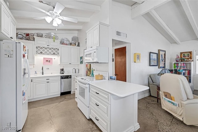 kitchen with sink, ceiling fan, beamed ceiling, white appliances, and white cabinets