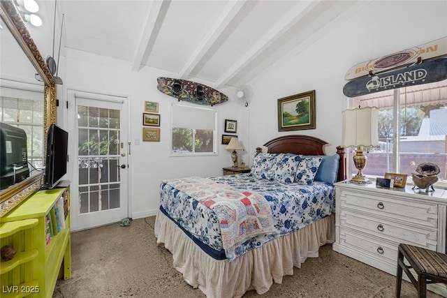 bedroom featuring lofted ceiling with beams, access to outside, and multiple windows