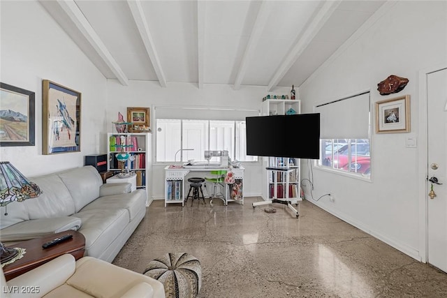 living room with lofted ceiling with beams