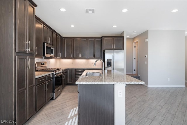 kitchen featuring stainless steel appliances, a sink, visible vents, light wood-type flooring, and tasteful backsplash