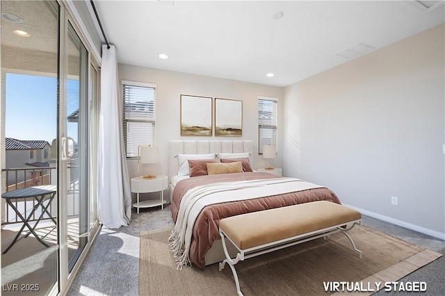 bedroom featuring access to outside, baseboards, carpet flooring, and recessed lighting