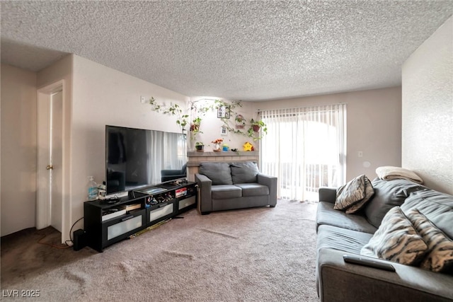 living room featuring a textured ceiling and carpet