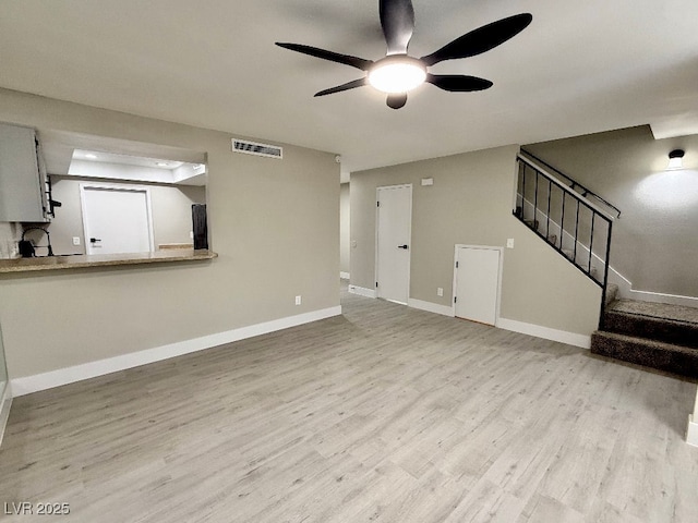 unfurnished living room with light hardwood / wood-style floors and ceiling fan