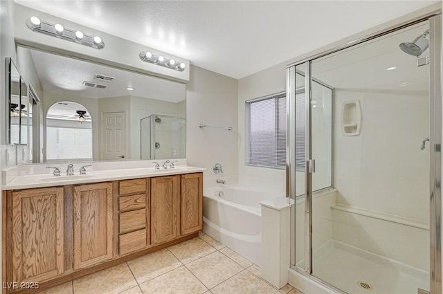 bathroom featuring vanity, ceiling fan, tile patterned floors, and separate shower and tub