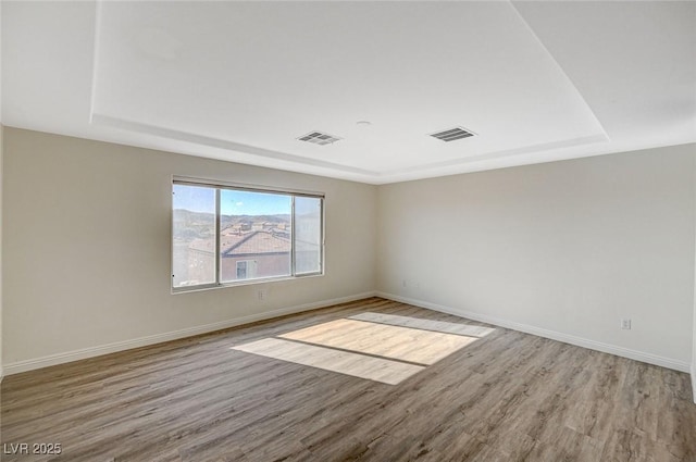 spare room with a raised ceiling and light wood-type flooring