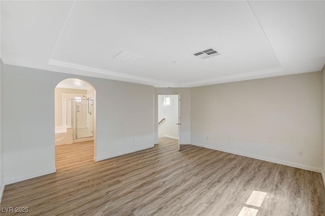 spare room featuring a raised ceiling and light hardwood / wood-style floors