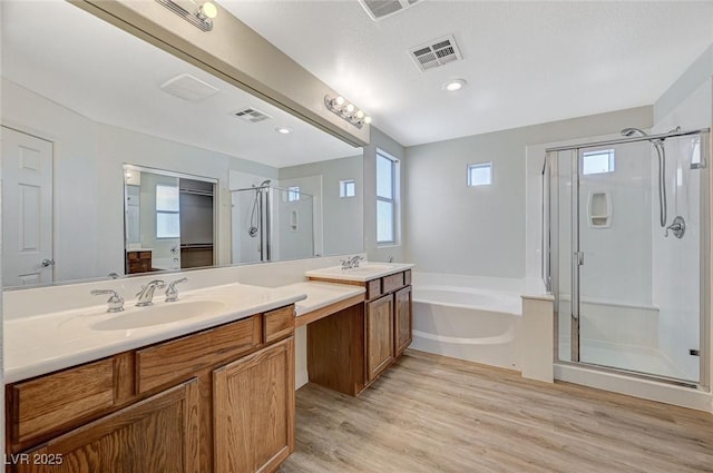 bathroom featuring wood-type flooring, plus walk in shower, and vanity