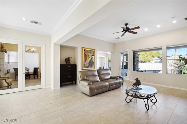 living room featuring recessed lighting, baseboards, visible vents, and ornamental molding