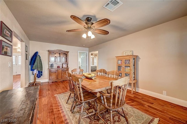 dining room with ceiling fan and hardwood / wood-style floors