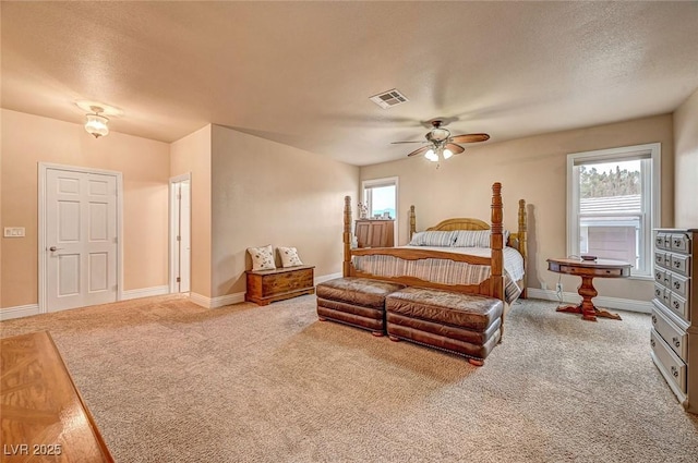 bedroom with ceiling fan, carpet, multiple windows, and a textured ceiling