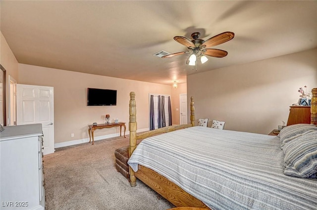 bedroom featuring light colored carpet and ceiling fan