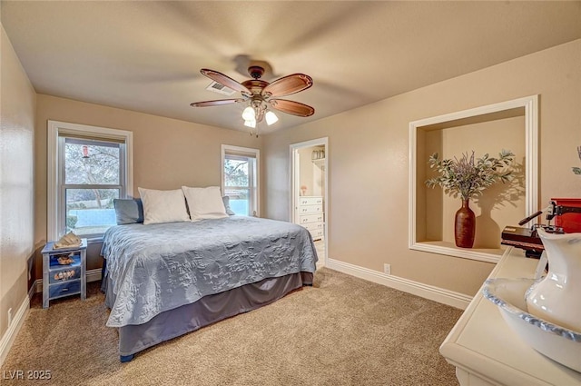 bedroom with ceiling fan and carpet flooring