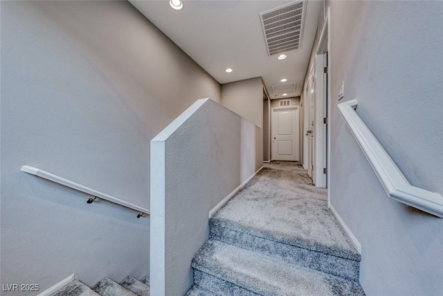 staircase featuring carpet flooring