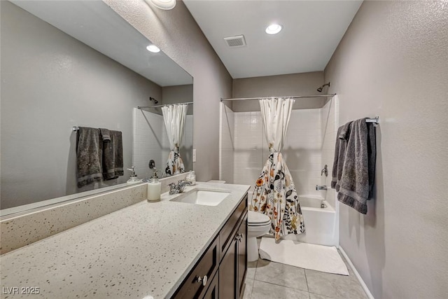 full bathroom featuring tile patterned flooring, vanity, shower / bath combination with curtain, and toilet