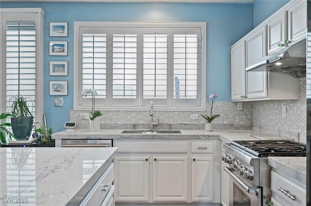 kitchen featuring sink, white cabinets, decorative backsplash, light stone counters, and stainless steel appliances