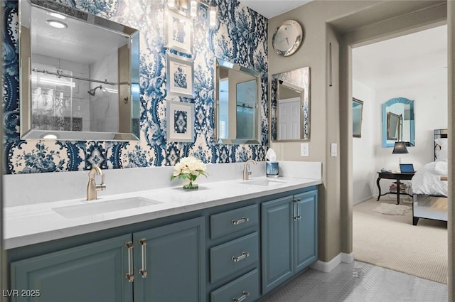 bathroom with vanity and an enclosed shower