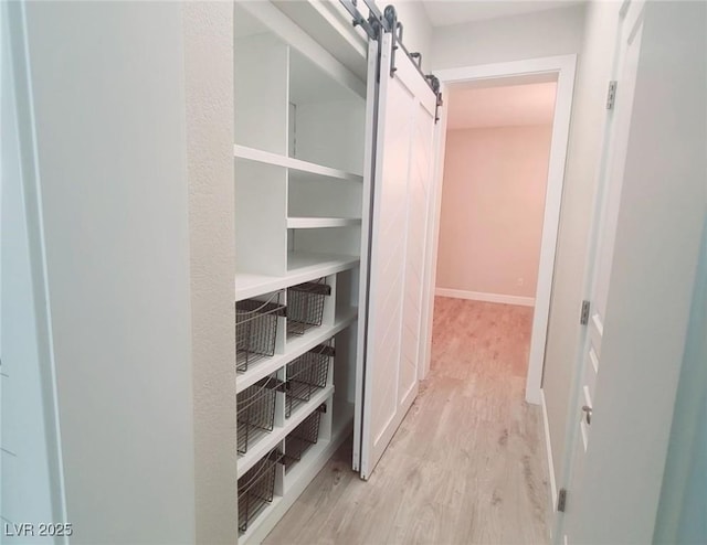 spacious closet with a barn door and wood finished floors