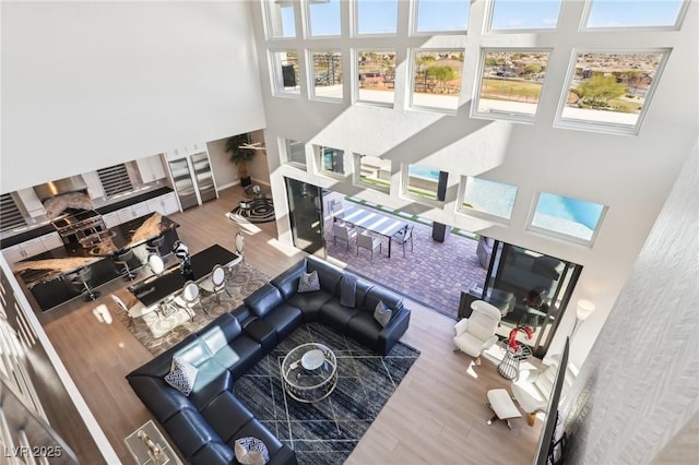 living room with a towering ceiling, wood-type flooring, and sink