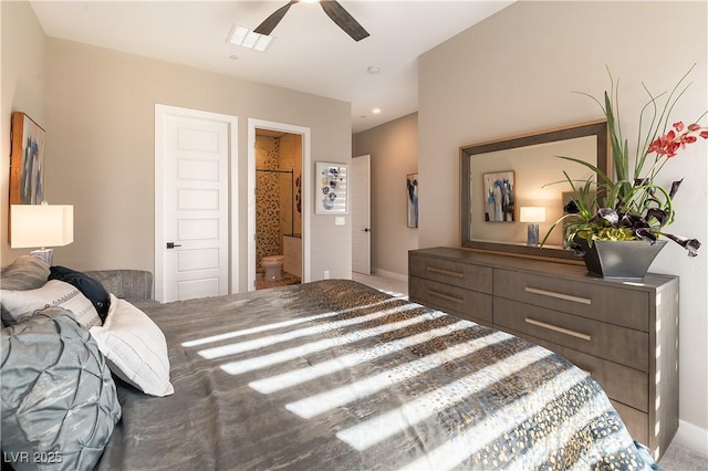 bedroom featuring ceiling fan and ensuite bathroom