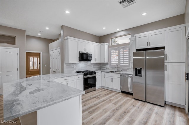 kitchen with sink, appliances with stainless steel finishes, white cabinetry, light stone counters, and kitchen peninsula