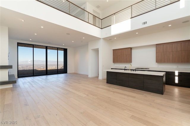 kitchen featuring a center island with sink and light wood-type flooring