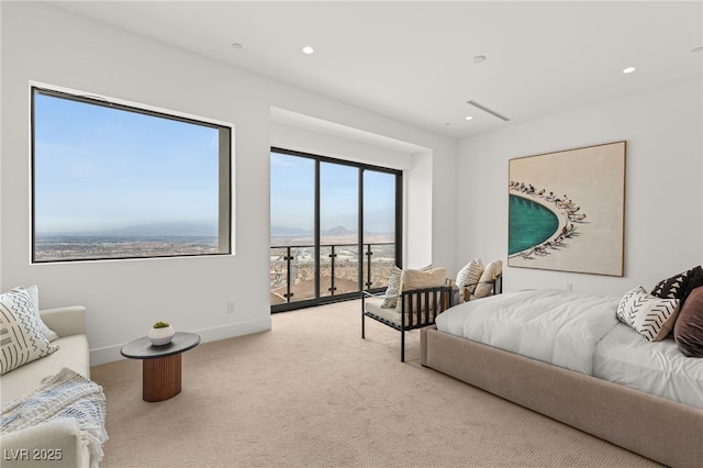 carpeted bedroom featuring access to exterior, recessed lighting, visible vents, and baseboards