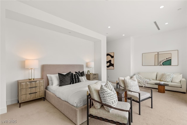 bedroom featuring recessed lighting, visible vents, baseboards, and light colored carpet