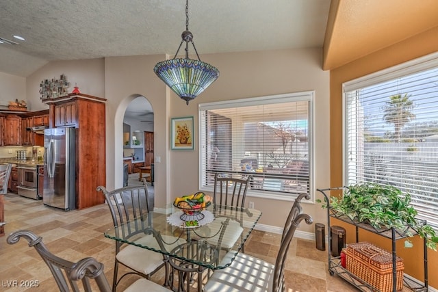 dining room featuring vaulted ceiling and a textured ceiling