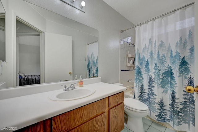 full bathroom featuring vanity, tile patterned floors, toilet, and shower / tub combo with curtain