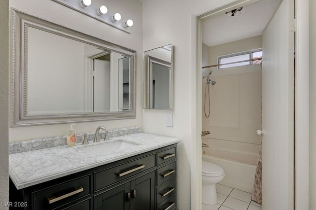 full bathroom with tile patterned flooring, vanity, shower / tub combo, and toilet