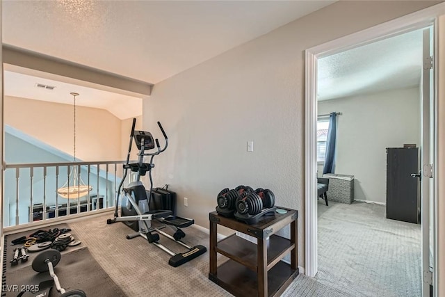 exercise room with vaulted ceiling, carpet flooring, and a textured ceiling