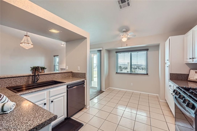 kitchen with black gas range oven, visible vents, dishwashing machine, white cabinets, and a sink