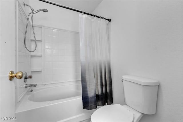 bathroom with shower / bathtub combination with curtain and toilet