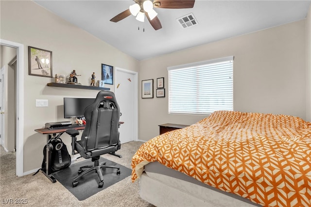 9323 Leaping Deer Pl Unit 102, Las Vegas, NV 89178 - carpeted bedroom with vaulted ceiling, an office area, and ceiling fan