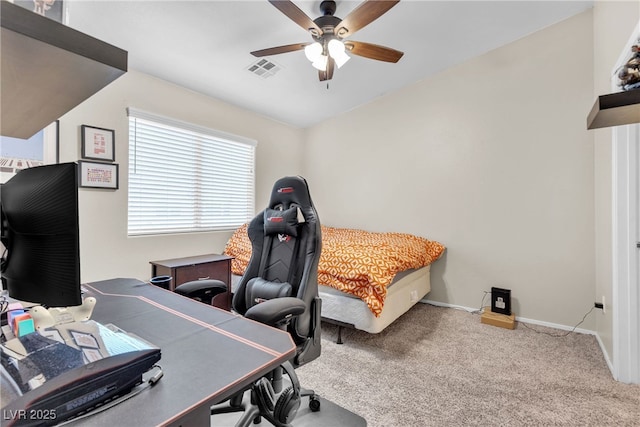 bedroom with light colored carpet and ceiling fan