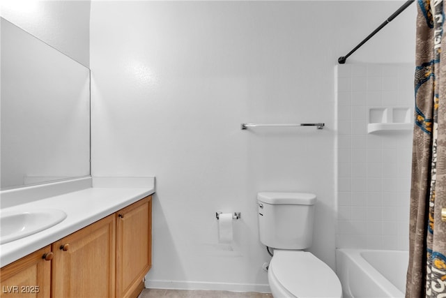 full bathroom featuring shower / bath combination with curtain, vanity, and toilet