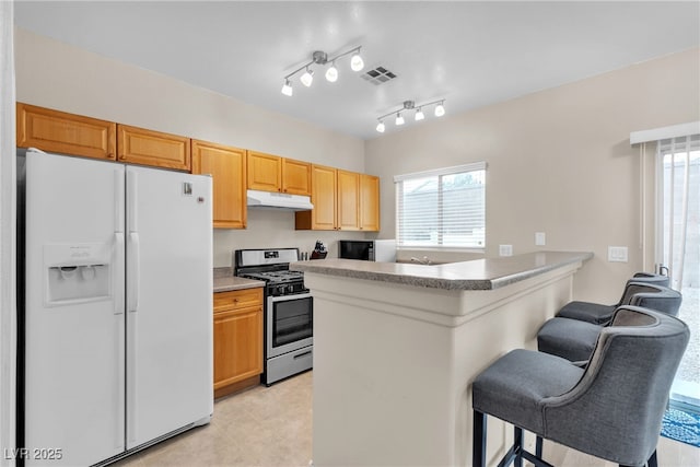 kitchen with a breakfast bar area, stainless steel gas stove, plenty of natural light, white refrigerator with ice dispenser, and kitchen peninsula