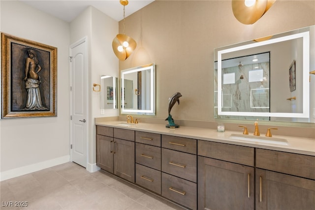 bathroom featuring walk in shower, vanity, and tile patterned flooring