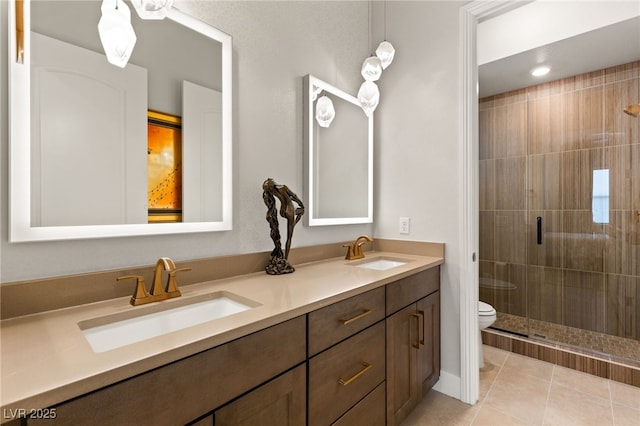 bathroom with walk in shower, vanity, toilet, and tile patterned flooring