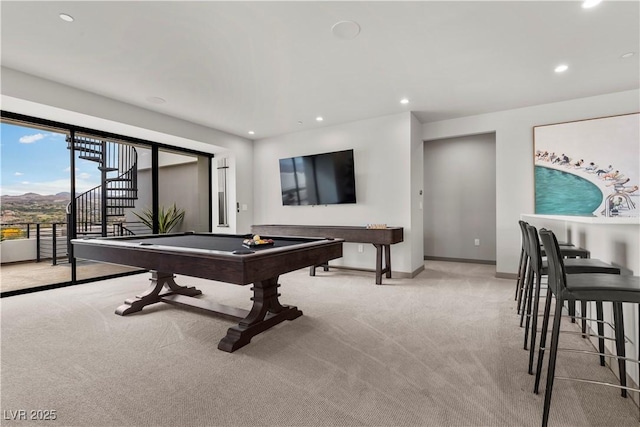 playroom featuring baseboards, pool table, recessed lighting, and light colored carpet