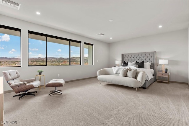 bedroom featuring recessed lighting, baseboards, visible vents, and light colored carpet