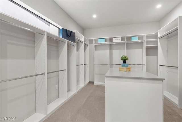 walk in closet with light carpet