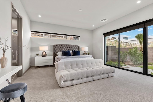 bedroom featuring access to exterior, recessed lighting, visible vents, light carpet, and baseboards