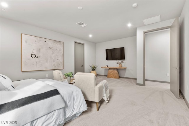 bedroom with light carpet, baseboards, visible vents, and recessed lighting