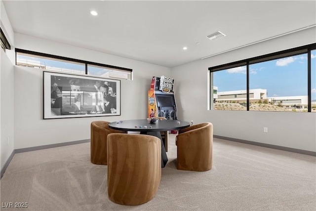 home office featuring visible vents, recessed lighting, light colored carpet, and baseboards