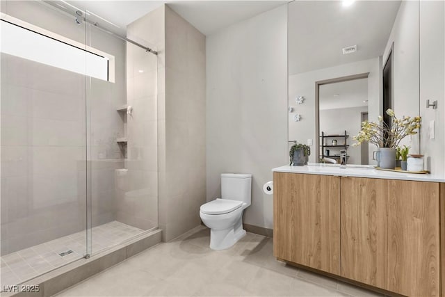 full bathroom with a stall shower, visible vents, vanity, and toilet